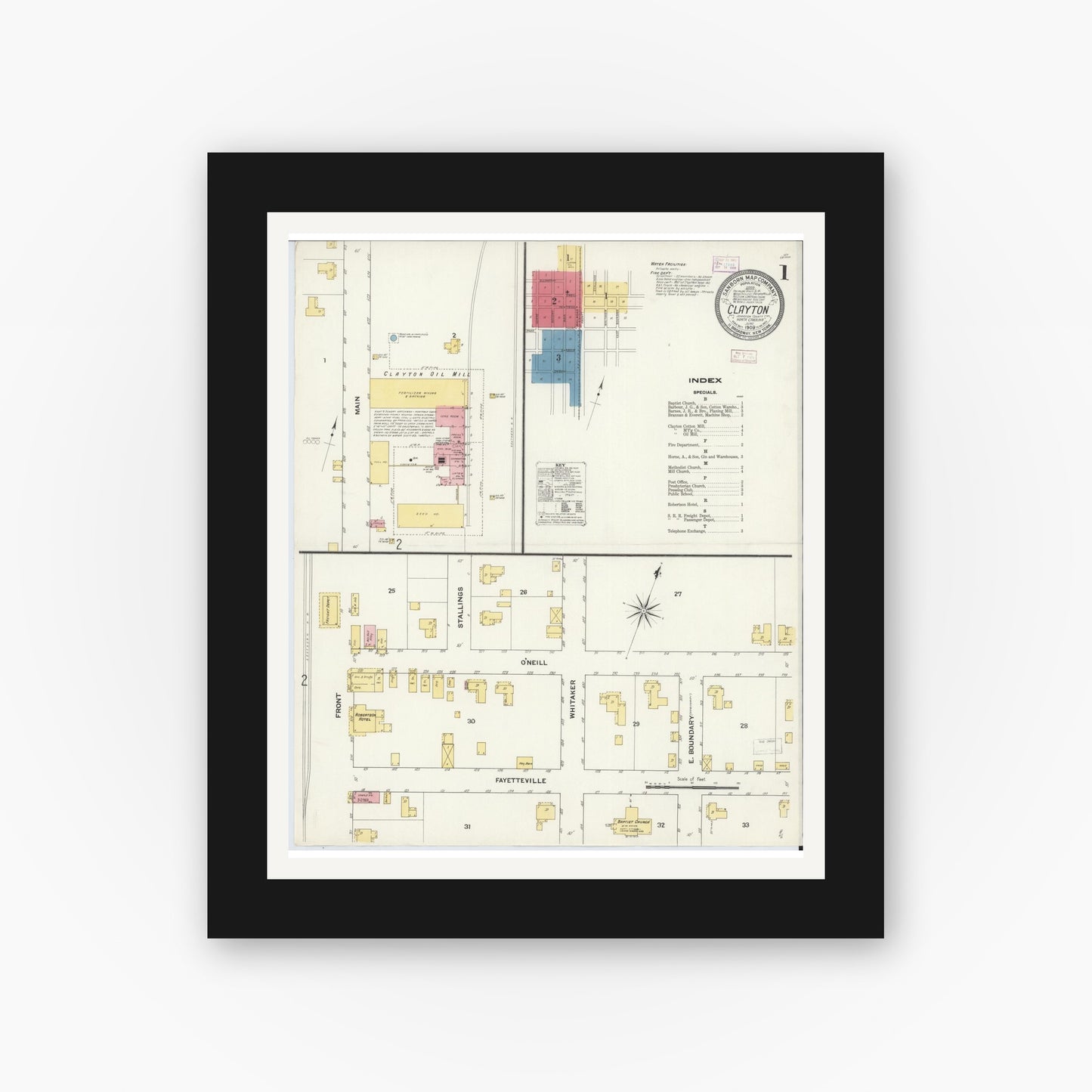 Old map wall art mockup — black gallery frame with white mat — Sanborn Fire Insurance Map from Clayton, Johnston County, North Carolina (1909) - Complete Map Set