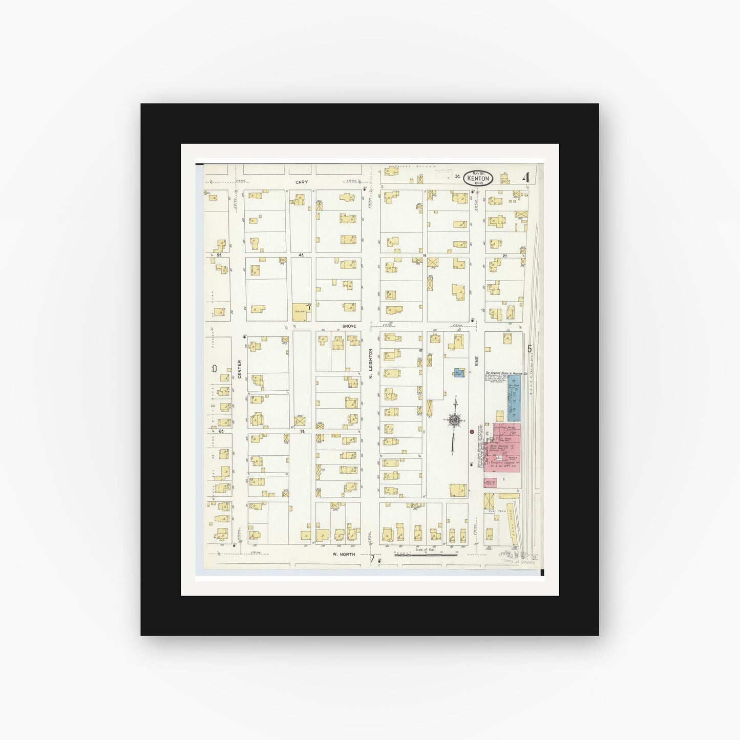 Old map wall art mockup — black gallery frame with white mat — Sanborn Fire Insurance Map from Kenton, Hardin County, Ohio (1911), Sheet #0004