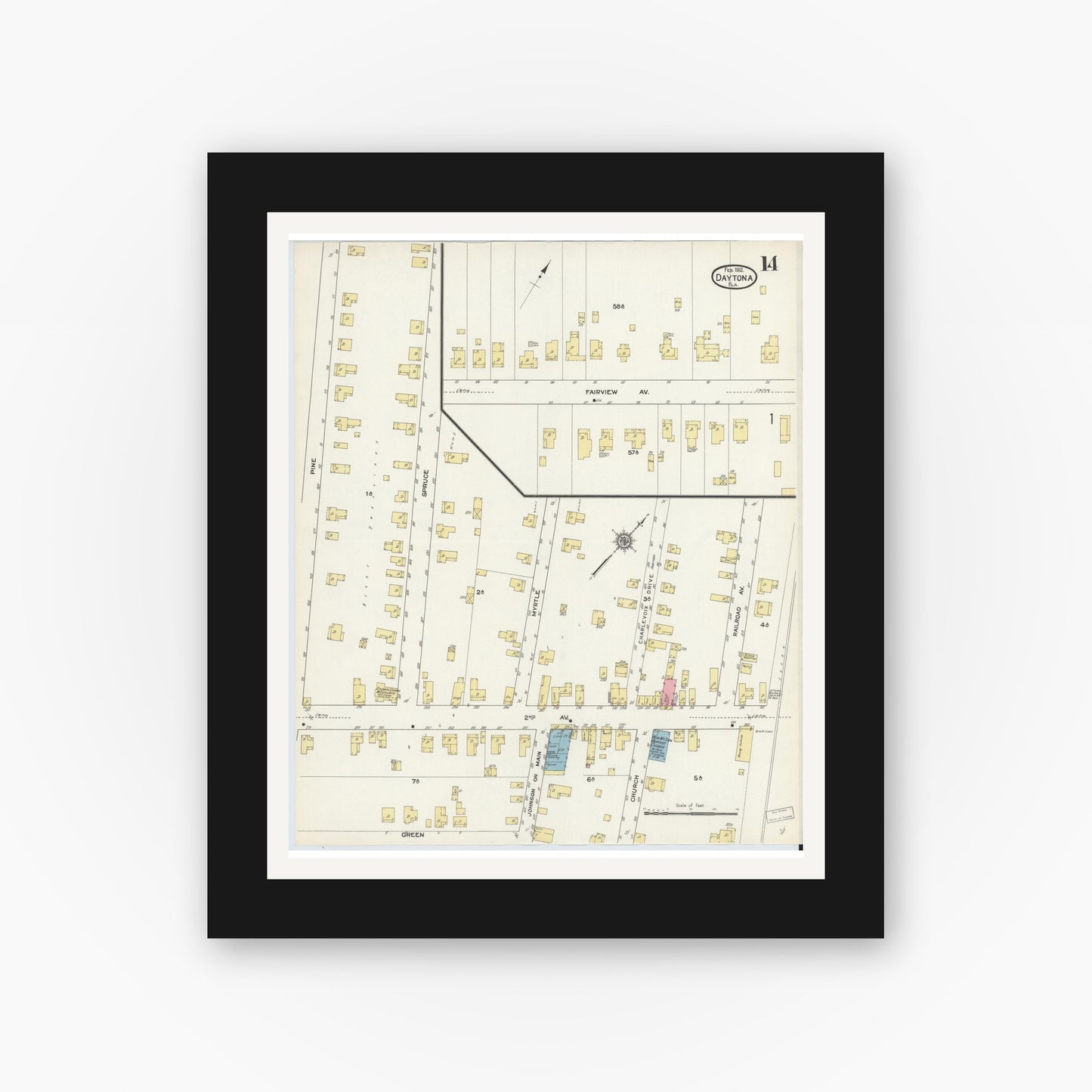 Old map wall art mockup — black gallery frame with white mat — Sanborn Fire Insurance Map from Daytona, Volusia County, Florida (1912), Sheet #0014