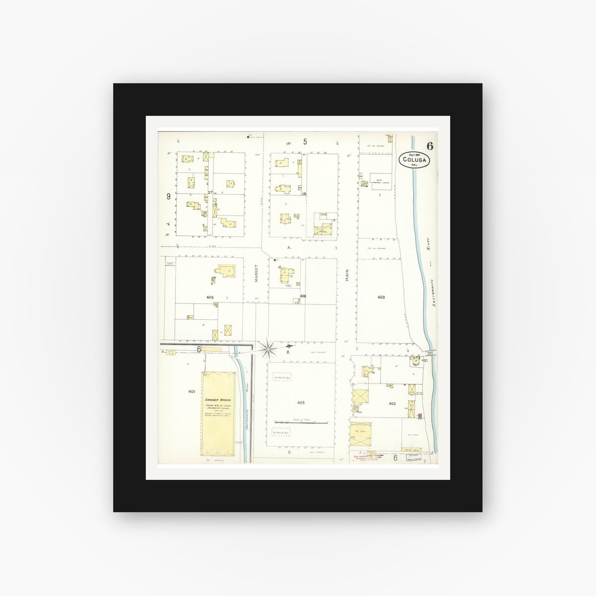 Old map wall art mockup — black gallery frame with white mat — Sanborn Fire Insurance Map from Colusa, Colusa County, California (1897), Sheet #0006
