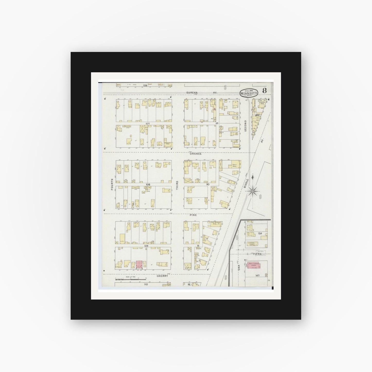 Old map wall art mockup — black gallery frame with white mat — Sanborn Fire Insurance Map from Wyandotte, Wayne County, Michigan (1895), Sheet #0008