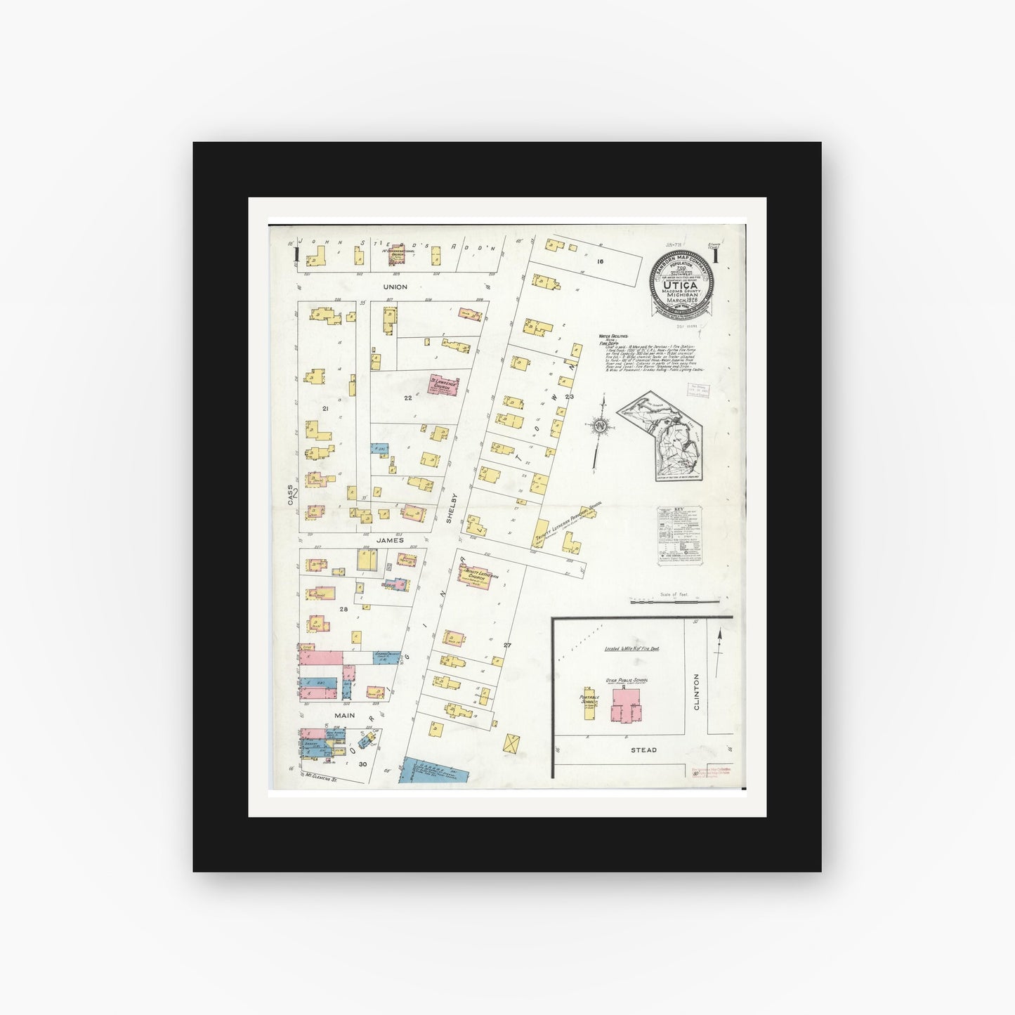 Old map wall art mockup — black gallery frame with white mat — Sanborn Fire Insurance Map from Utica, Macomb County, Michigan (1926) - Complete Map Set