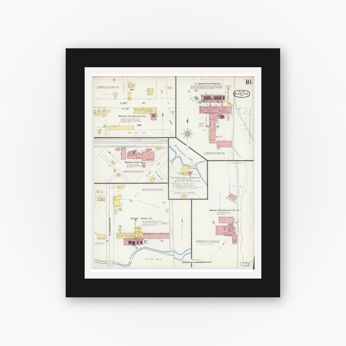 Old map wall art mockup — black gallery frame with white mat — Sanborn Fire Insurance Map from Marion, Grant County, Indiana (1896), Sheet #0016