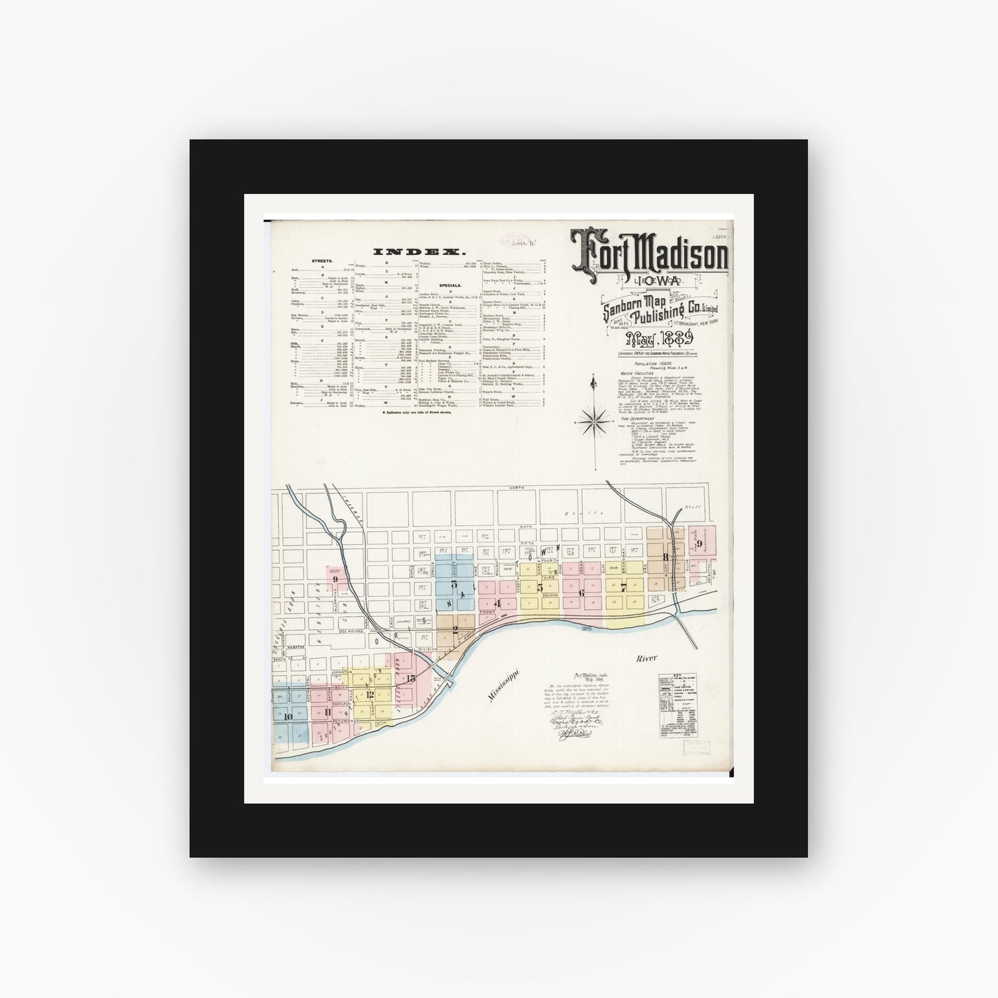 Old map wall art mockup — black gallery frame with white mat — Sanborn Fire Insurance Map from Fort Madison, Lee County, Iowa (1889) — Complete Set