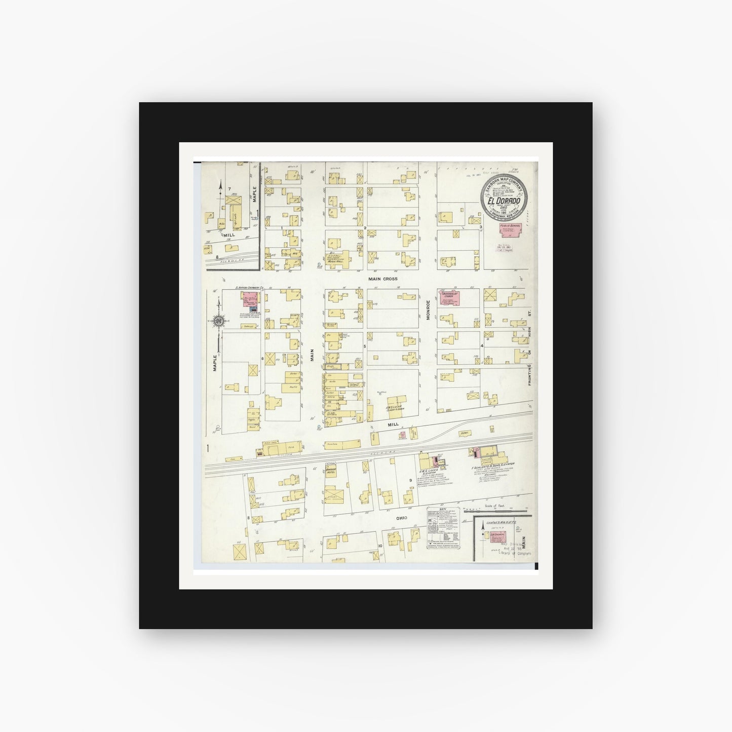 Old map wall art mockup — black gallery frame with white mat — Sanborn Fire Insurance Map from El Dorado, Preble County, Ohio (1911), Sheet #0001
