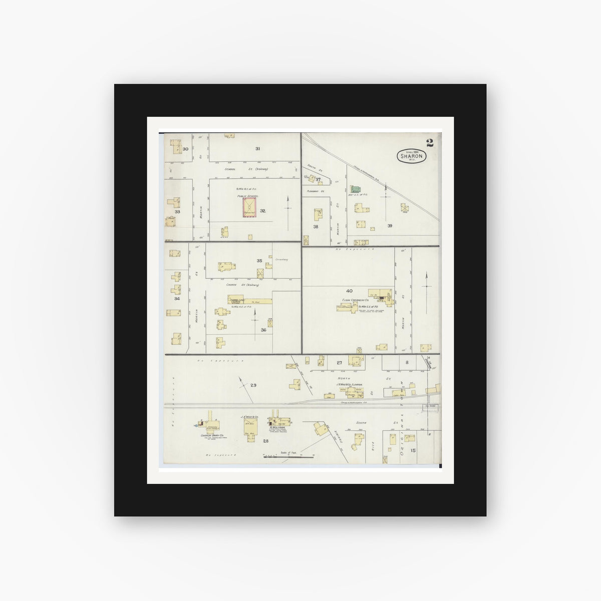 Old map wall art mockup — black gallery frame with white mat — Sanborn Fire Insurance Map from Sharon, Walworth County, Wisconsin (1894), Sheet #0002