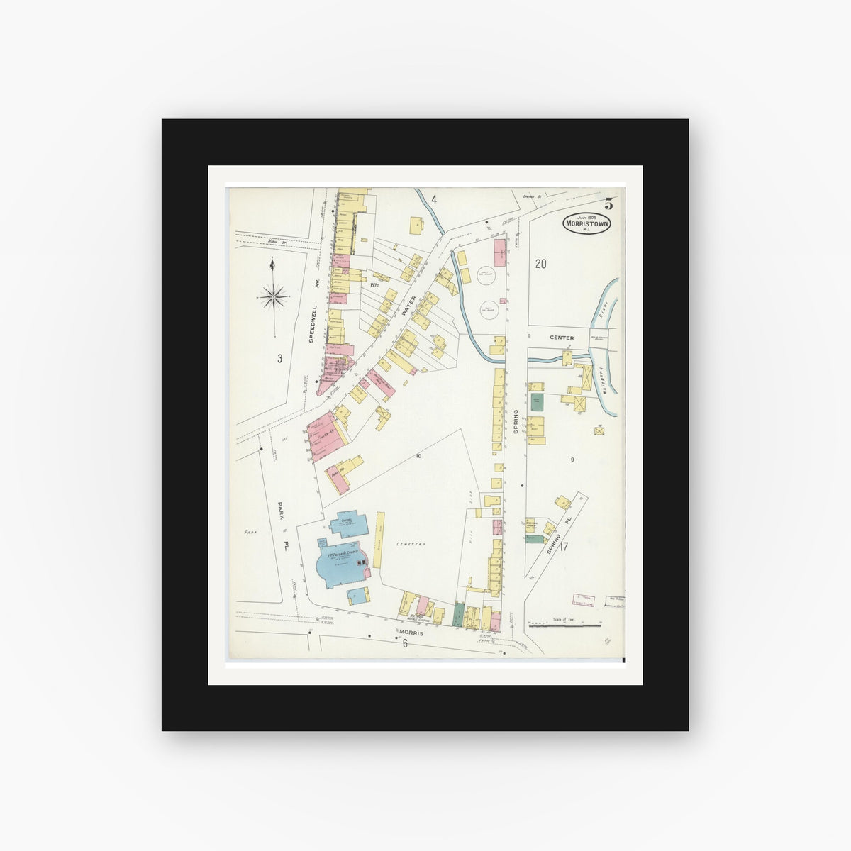 Old map wall art mockup — black gallery frame with white mat — Sanborn Fire Insurance Map from Morristown, Morris County, New Jersey (1909), Sheet #0005