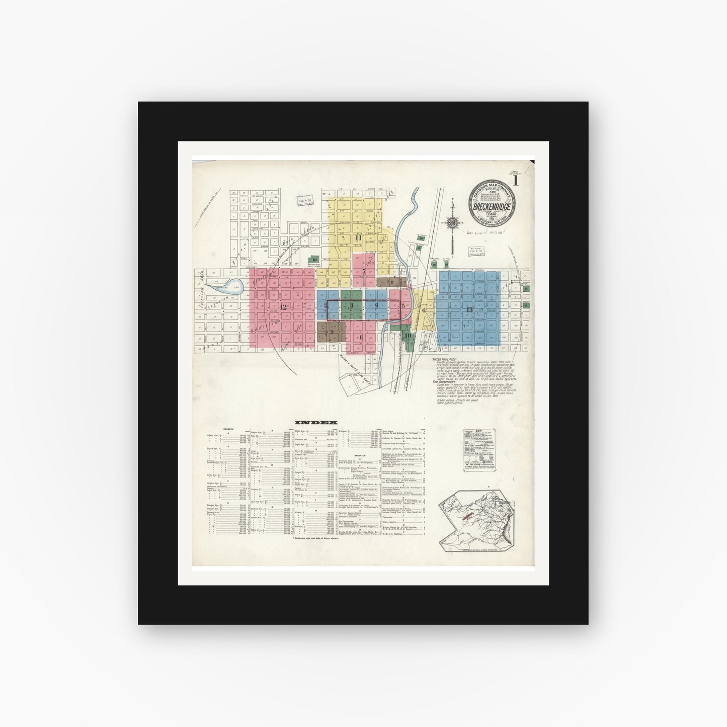 Old map wall art mockup — black gallery frame with white mat — Sanborn Fire Insurance Map from Breckenridge, Stephens County, Texas (1921), Sheet #0001