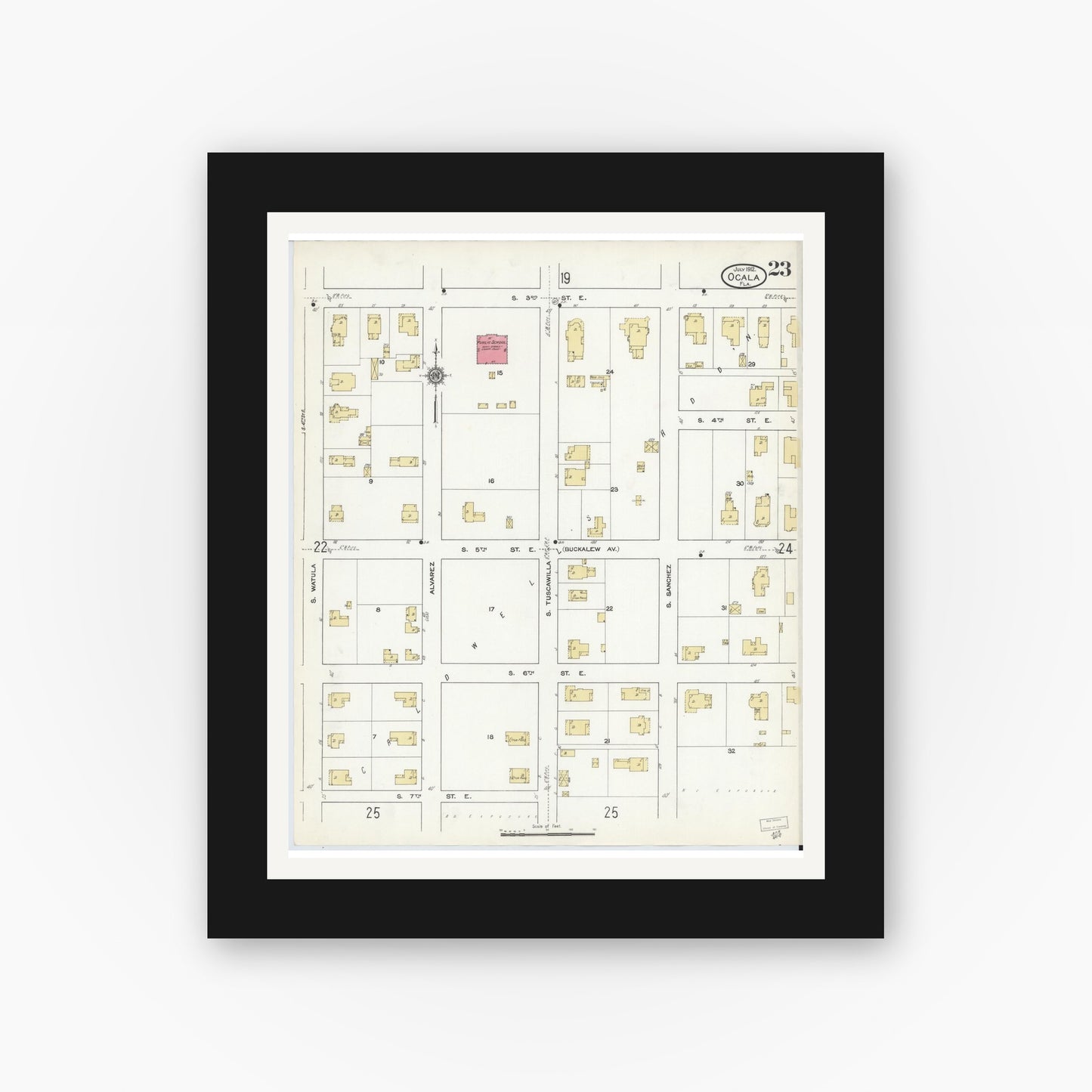 Old map wall art mockup — black gallery frame with white mat — Sanborn Fire Insurance Map from Ocala, Marion County, Florida (1912), Sheet #0023