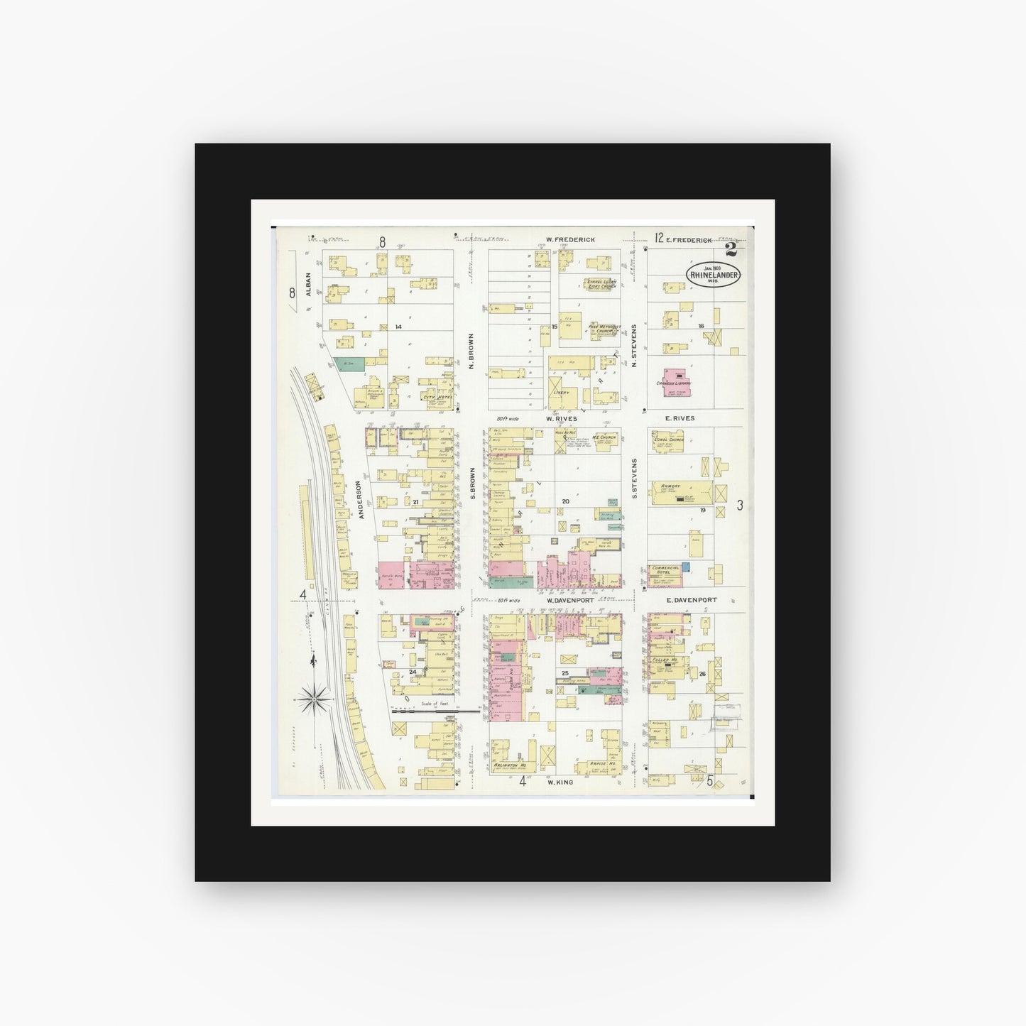 Old map wall art mockup — black gallery frame with white mat — Sanborn Fire Insurance Map from Rhinelander, Oneida County, Wisconsin (1908), Sheet #0002