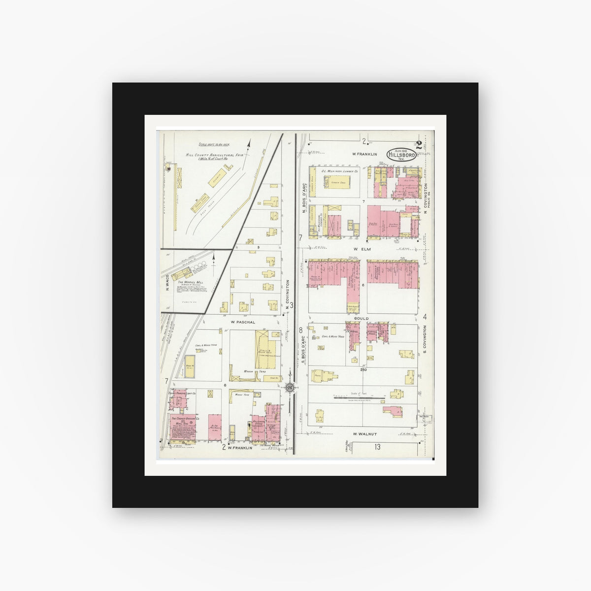 Old map wall art mockup — black gallery frame with white mat — Sanborn Fire Insurance Map from Hillsboro, Hill County, Texas (1918), Sheet #0002