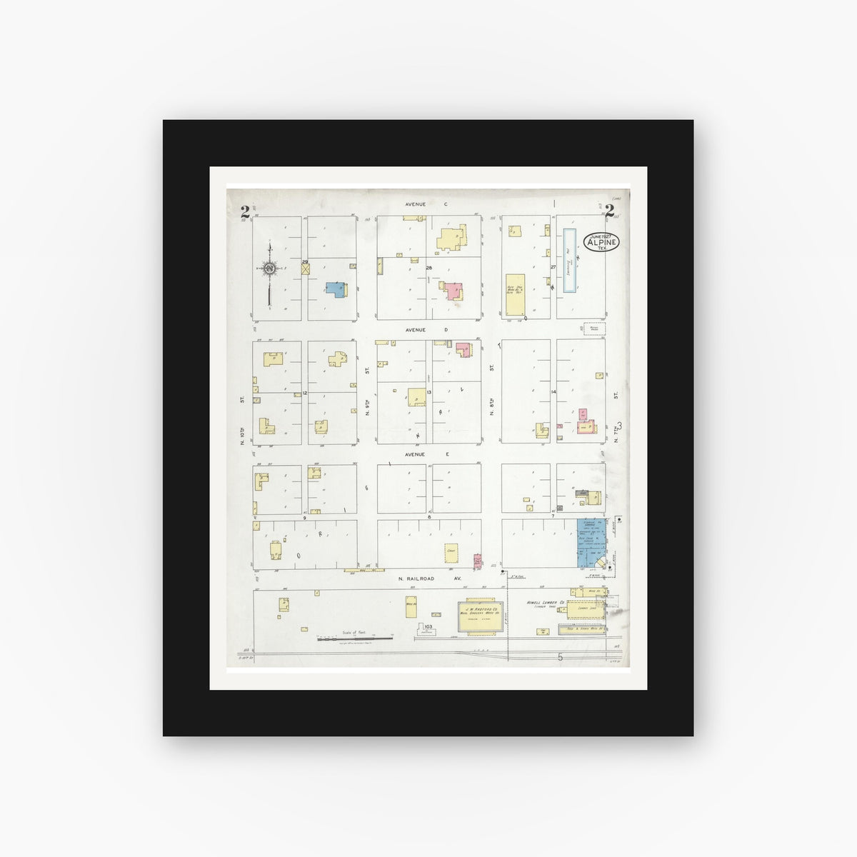 Old map wall art mockup — black gallery frame with white mat — Sanborn Fire Insurance Map from Alpine, Brewster County, Texas (1927), Sheet #0002