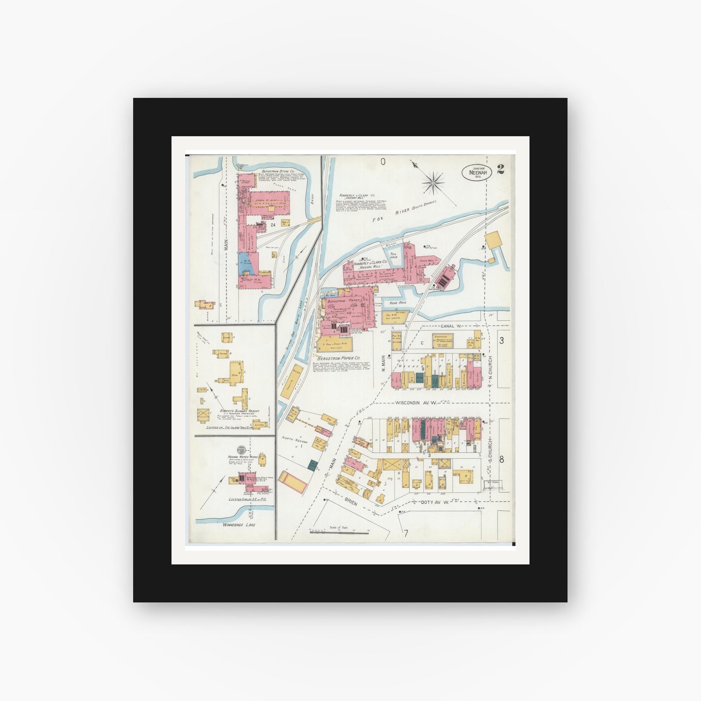 Old map wall art mockup — black gallery frame with white mat — Sanborn Fire Insurance Map from Neenah, Winnebago County, Wisconsin (1906), Sheet #0002