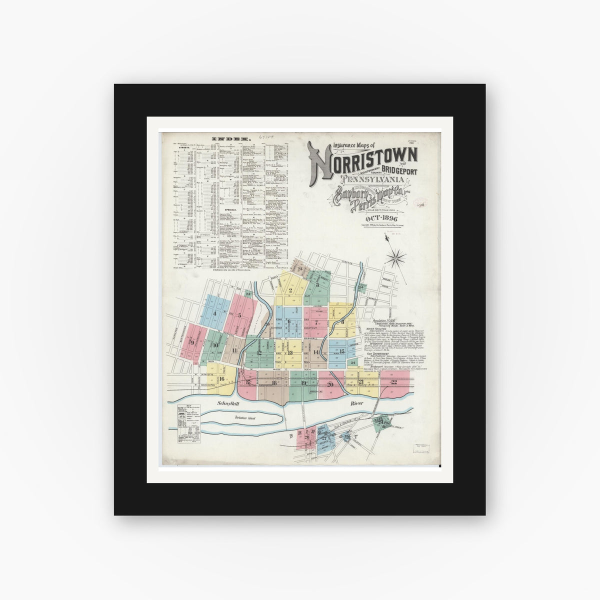 Old map wall art mockup — black gallery frame with white mat — Sanborn Fire Insurance Map from Norristown, Montgomery County, Pennsylvania (1896) - Complete Map Set