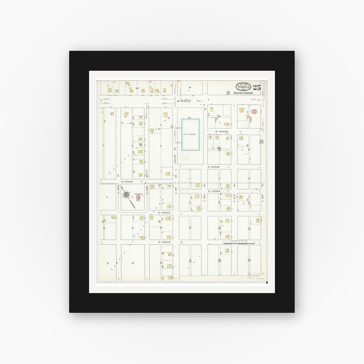Old map wall art mockup — black gallery frame with white mat — Sanborn Fire Insurance Map from Temple, Bell County, Texas (1915), Sheet #0025