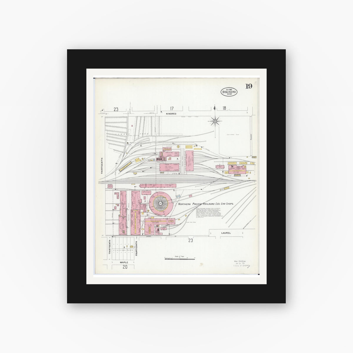 Old map wall art mockup — black gallery frame with white mat — Sanborn Fire Insurance Map from Brainerd, Crow Wing County, Minnesota (1907), Sheet #0019