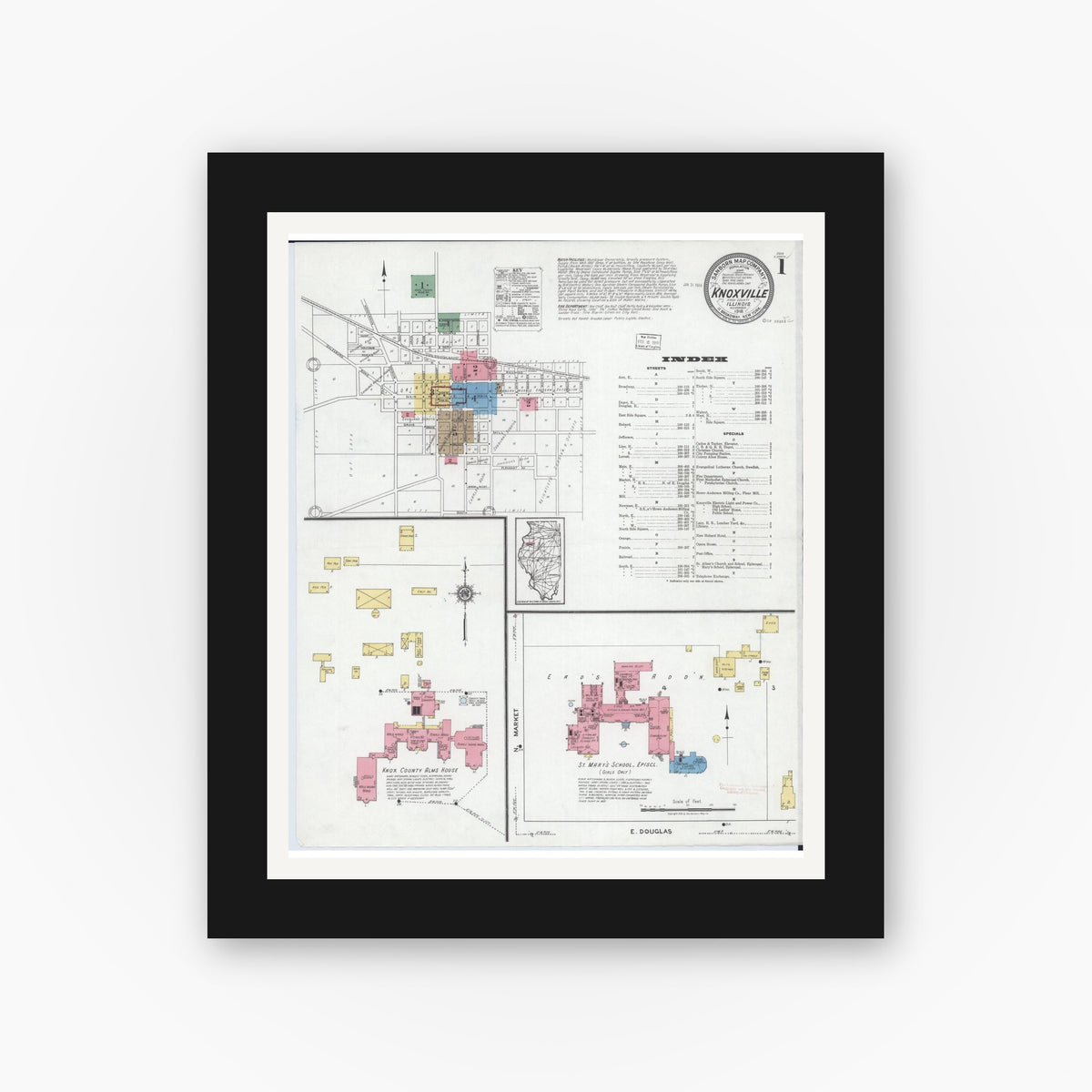 Old map wall art mockup — black gallery frame with white mat — Sanborn Fire Insurance Map from Knoxville, Knox County, Illinois (1918) - Complete Map Set
