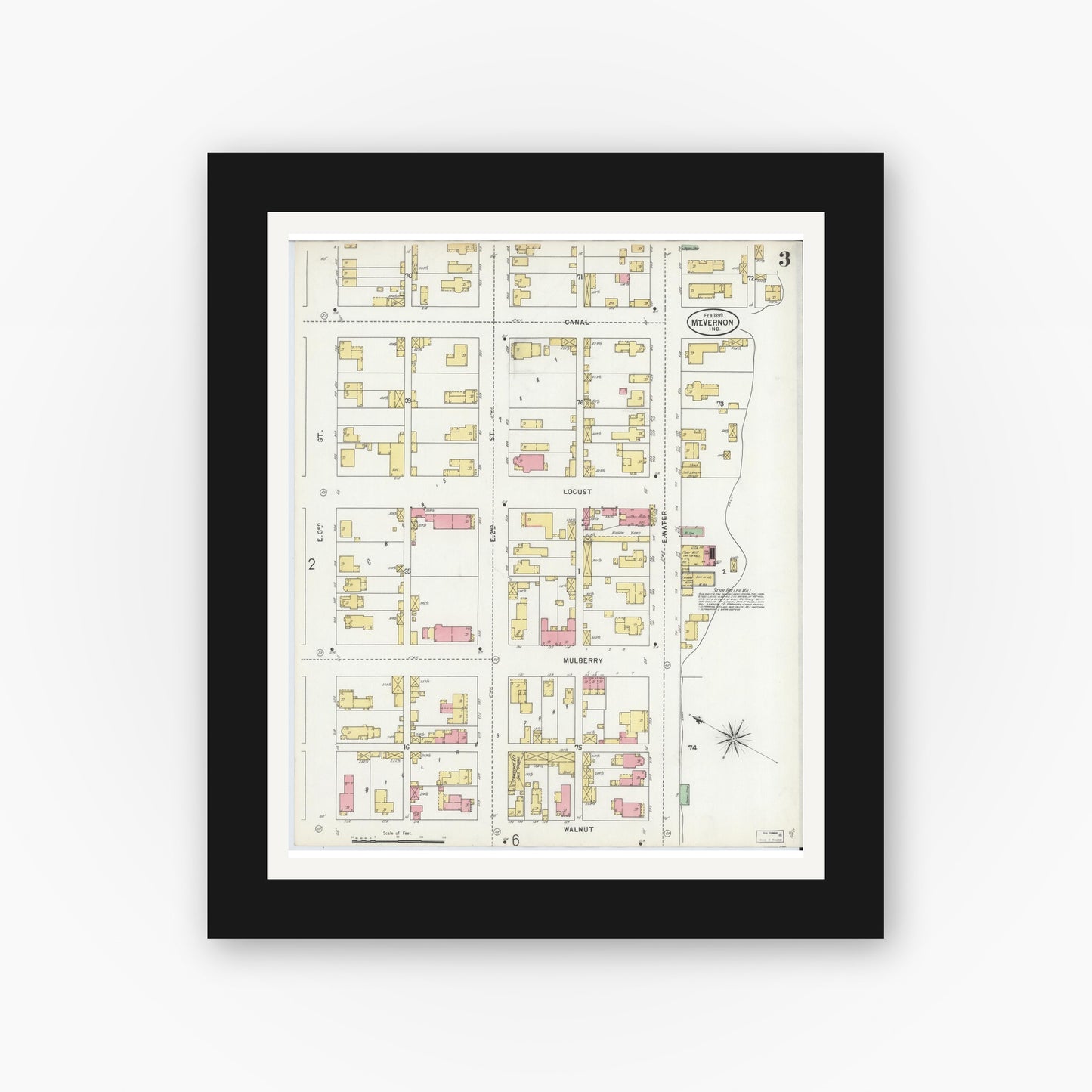 Old map wall art mockup — black gallery frame with white mat — Sanborn Fire Insurance Map from Mount Vernon, Posey County, Indiana (1899), Sheet #0003