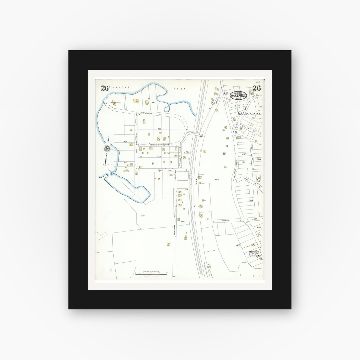 Old map wall art mockup — black gallery frame with white mat — Sanborn Fire Insurance Map from Wakefield, Middlesex County, Massachusetts (1923), Sheet #0026