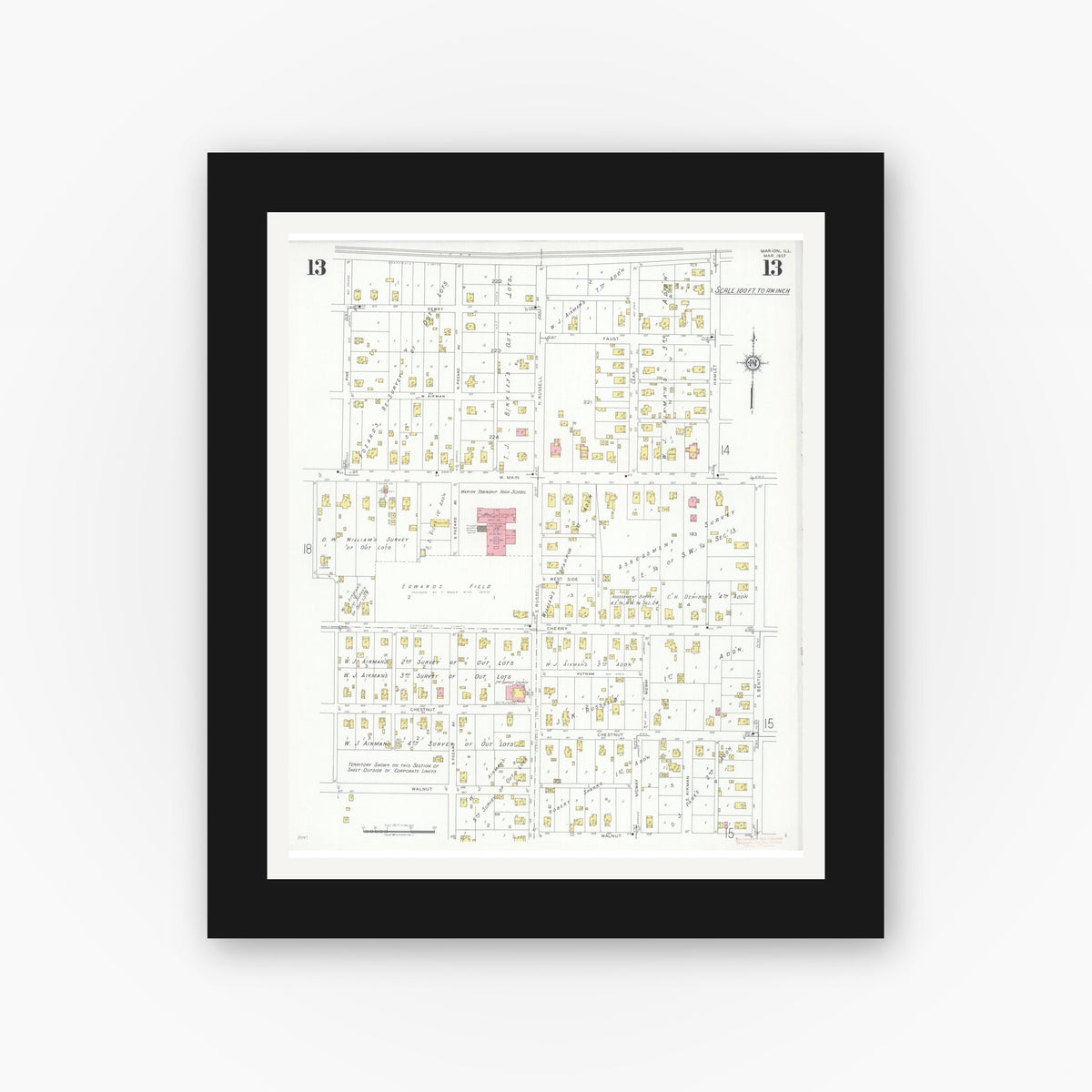 Old map wall art mockup — black gallery frame with white mat — Sanborn Fire Insurance Map from Marion, Williamson County, Illinois (1937), Sheet #0013