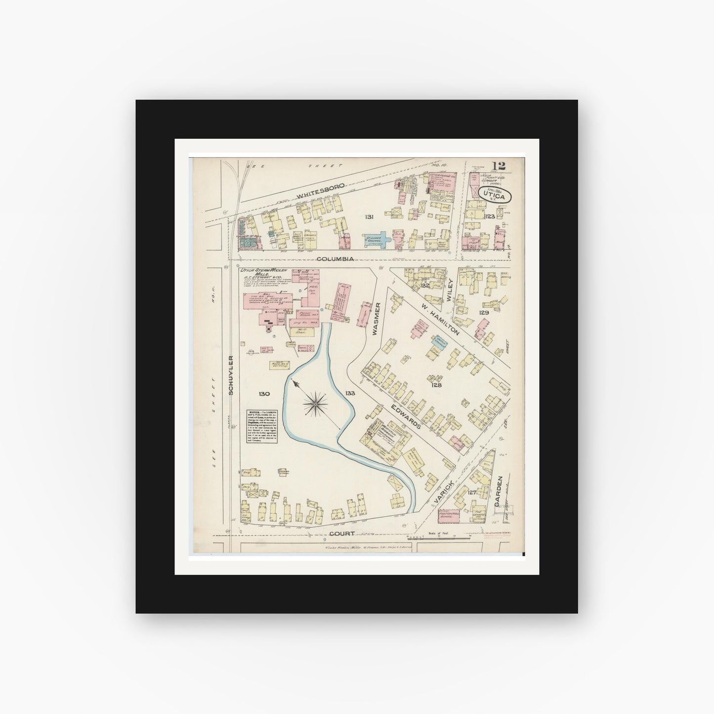 Old map wall art mockup — black gallery frame with white mat — Sanborn Fire Insurance Map from Utica, Oneida County, New York (1884), Sheet #0012