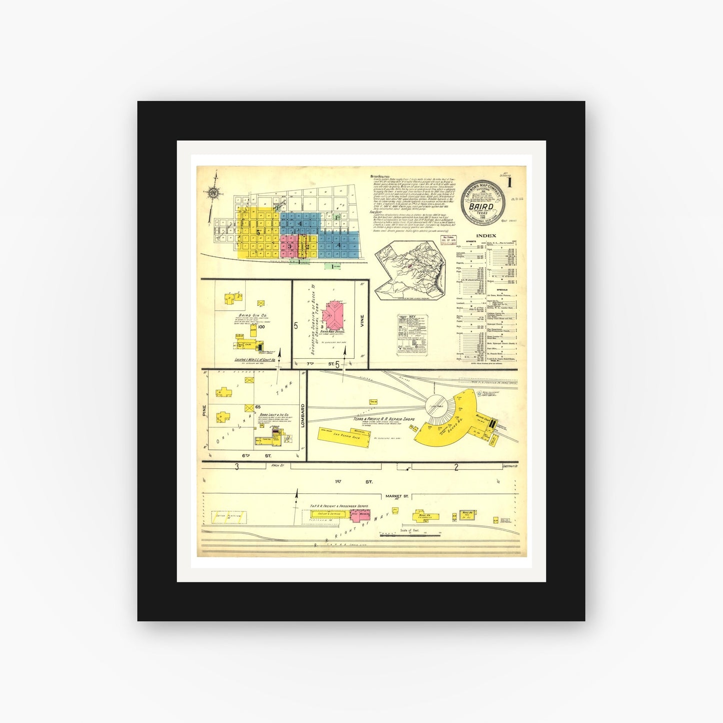 Old map wall art mockup — black gallery frame with white mat — Sanborn Fire Insurance Map from Baird, Callahan County, Texas (1915), Sheet #0001