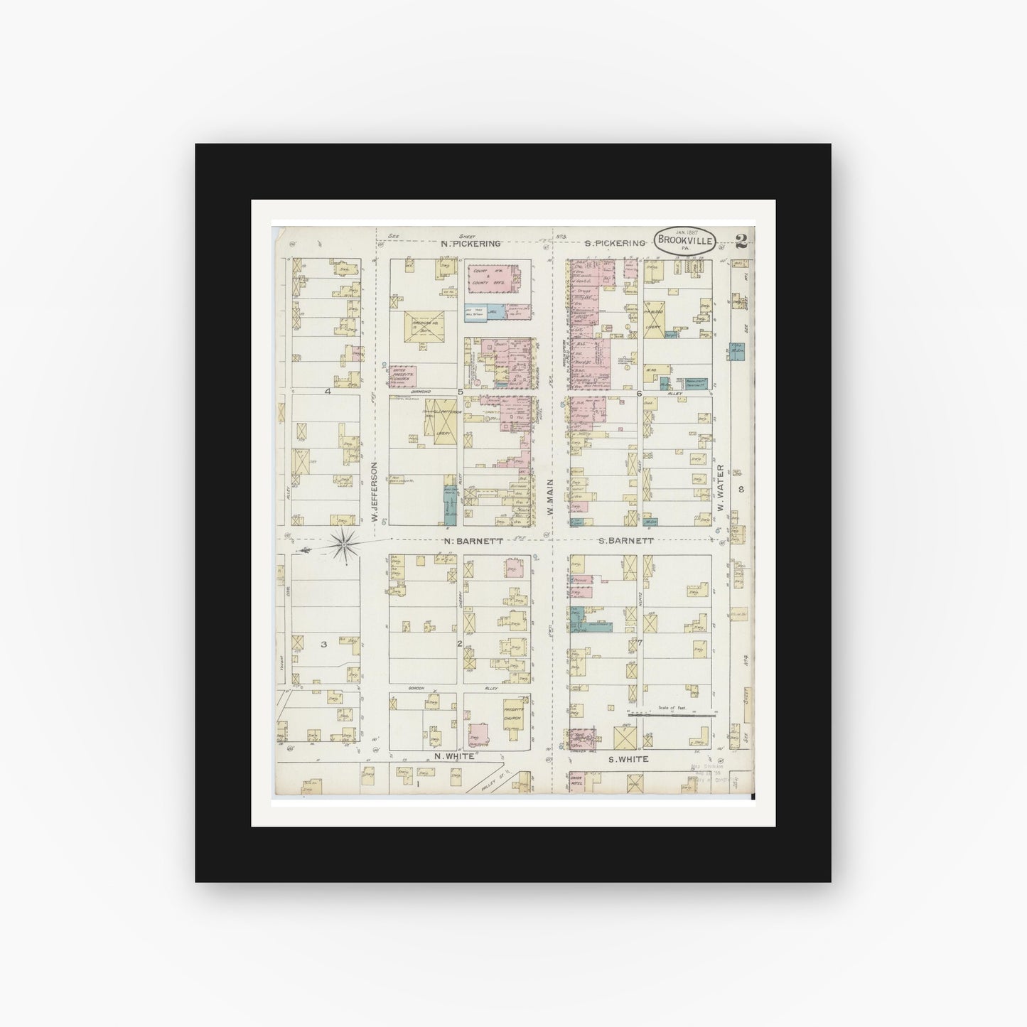 Old map wall art mockup — black gallery frame with white mat — Sanborn Fire Insurance Map from Brookville, Jefferson County, Pennsylvania (1887), Sheet #0002