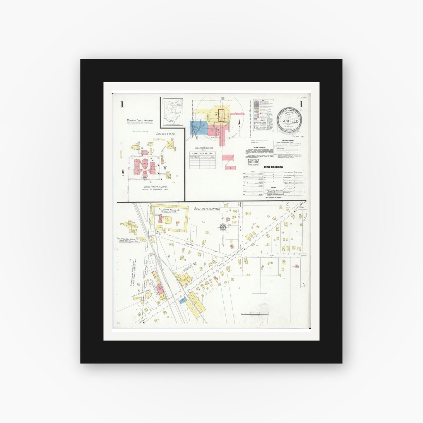 Old map wall art mockup — black gallery frame with white mat — Sanborn Fire Insurance Map from Canfield, Mahoning County, Ohio (1937), Sheet #0001