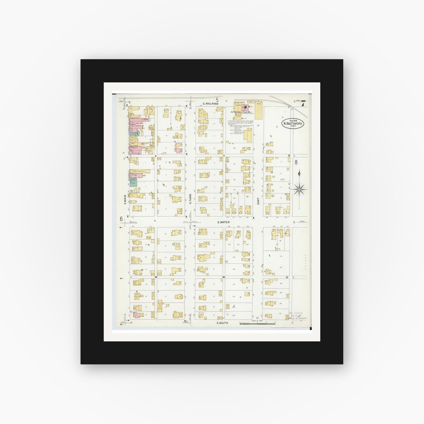 Old map wall art mockup — black gallery frame with white mat — Sanborn Fire Insurance Map from North Baltimore, Wood County, Ohio (1908), Sheet #0007