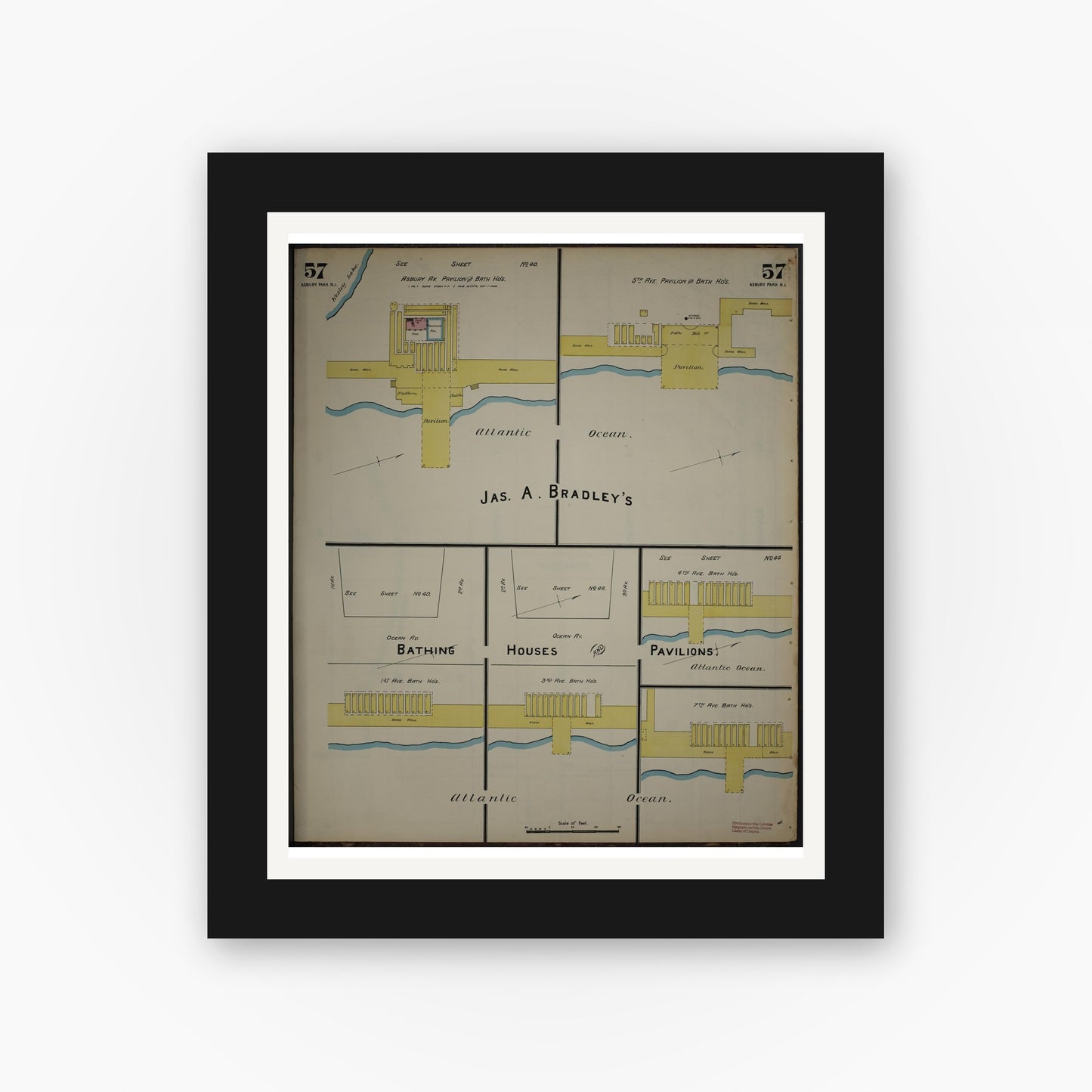 Old map wall art mockup — black gallery frame with white mat — Sanborn Fire Insurance Map from New Jersey Coast, New Jersey Coast, New Jersey (1890), Sheet #0057