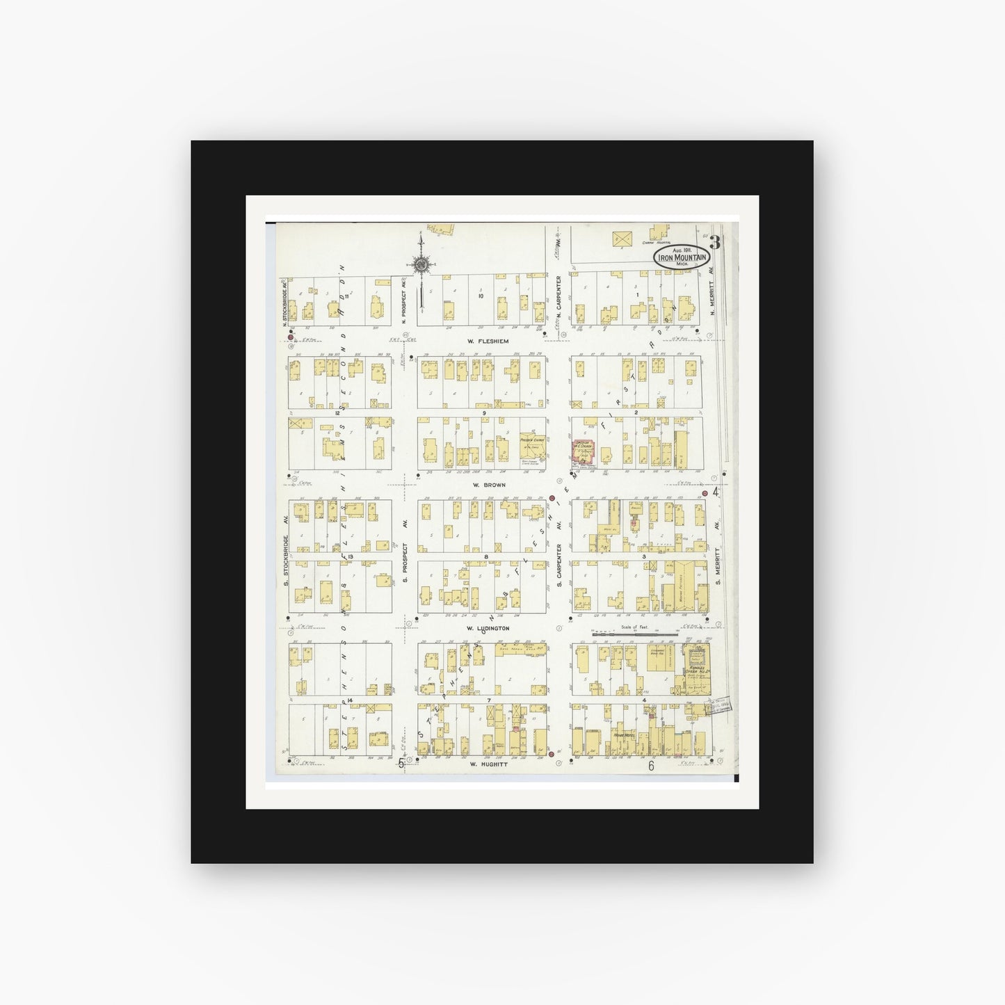 Old map wall art mockup — black gallery frame with white mat — Sanborn Fire Insurance Map from Iron Mountain, Dickinson County, Michigan (1911), Sheet #0003