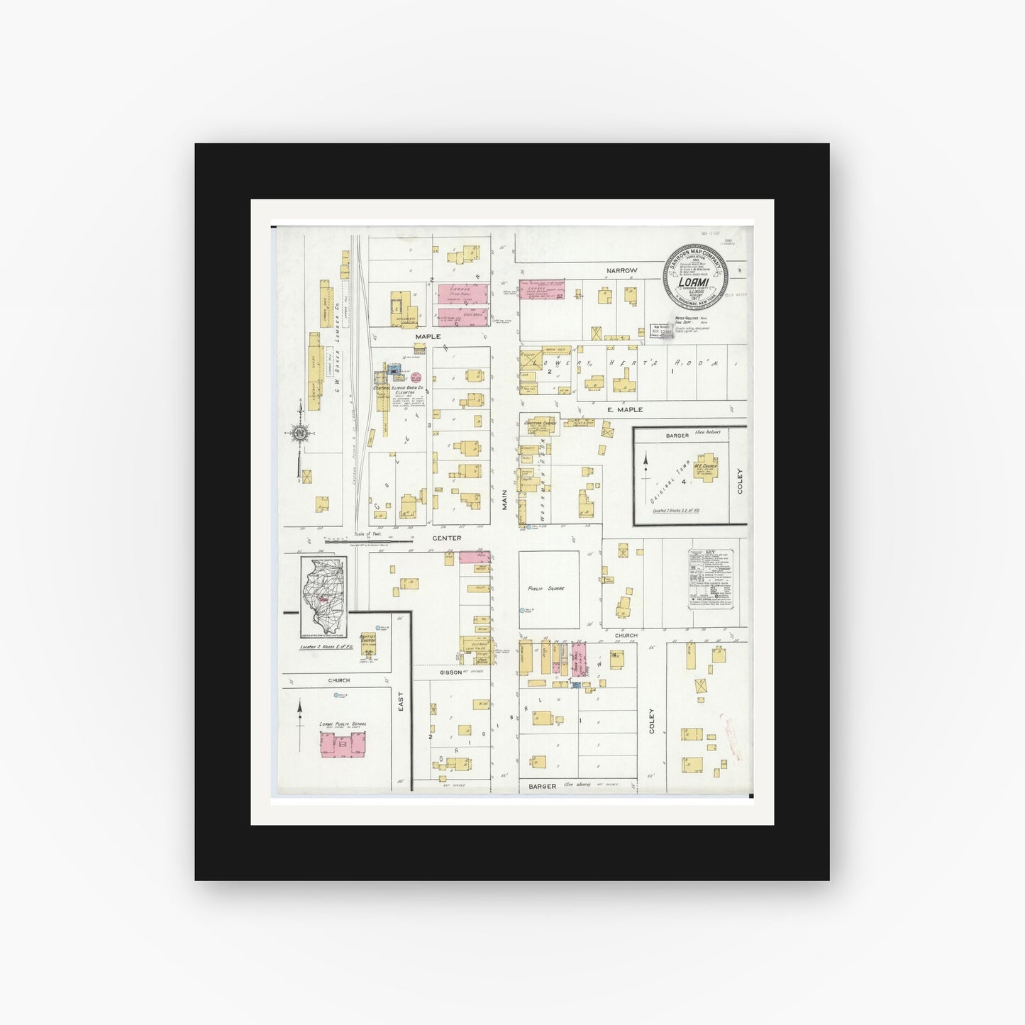 Old map wall art mockup — black gallery frame with white mat — Sanborn Fire Insurance Map from Loami, Sangamon County, Illinois (1917), Sheet #0001