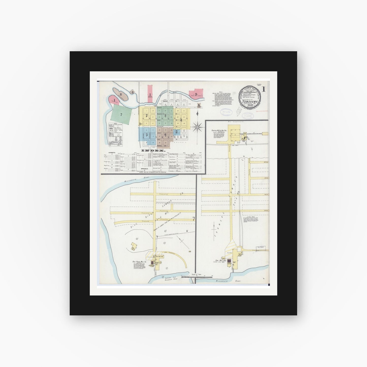 Old map wall art mockup — black gallery frame with white mat — Sanborn Fire Insurance Map from Tomahawk, Lincoln County, Wisconsin (1898), Sheet #0001