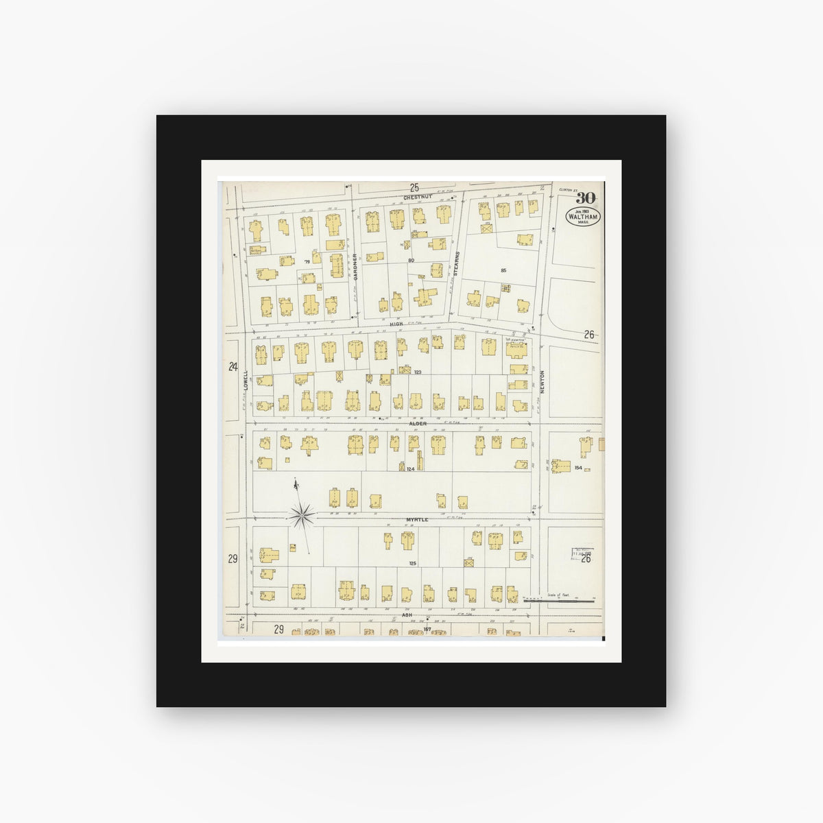 Old map wall art mockup — black gallery frame with white mat — Sanborn Fire Insurance Map from Waltham, Middlesex County, Massachusetts (1903), Sheet #0030