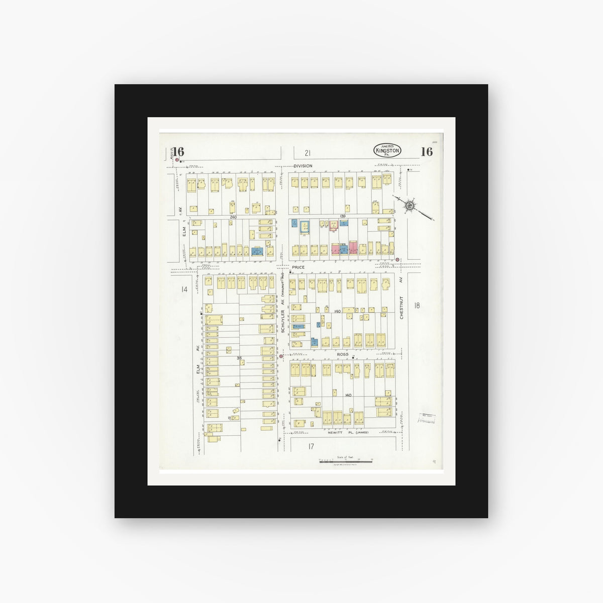 Old map wall art mockup — black gallery frame with white mat — Sanborn Fire Insurance Map from Kingston, Luzerne County, Pennsylvania (1925), Sheet #0016