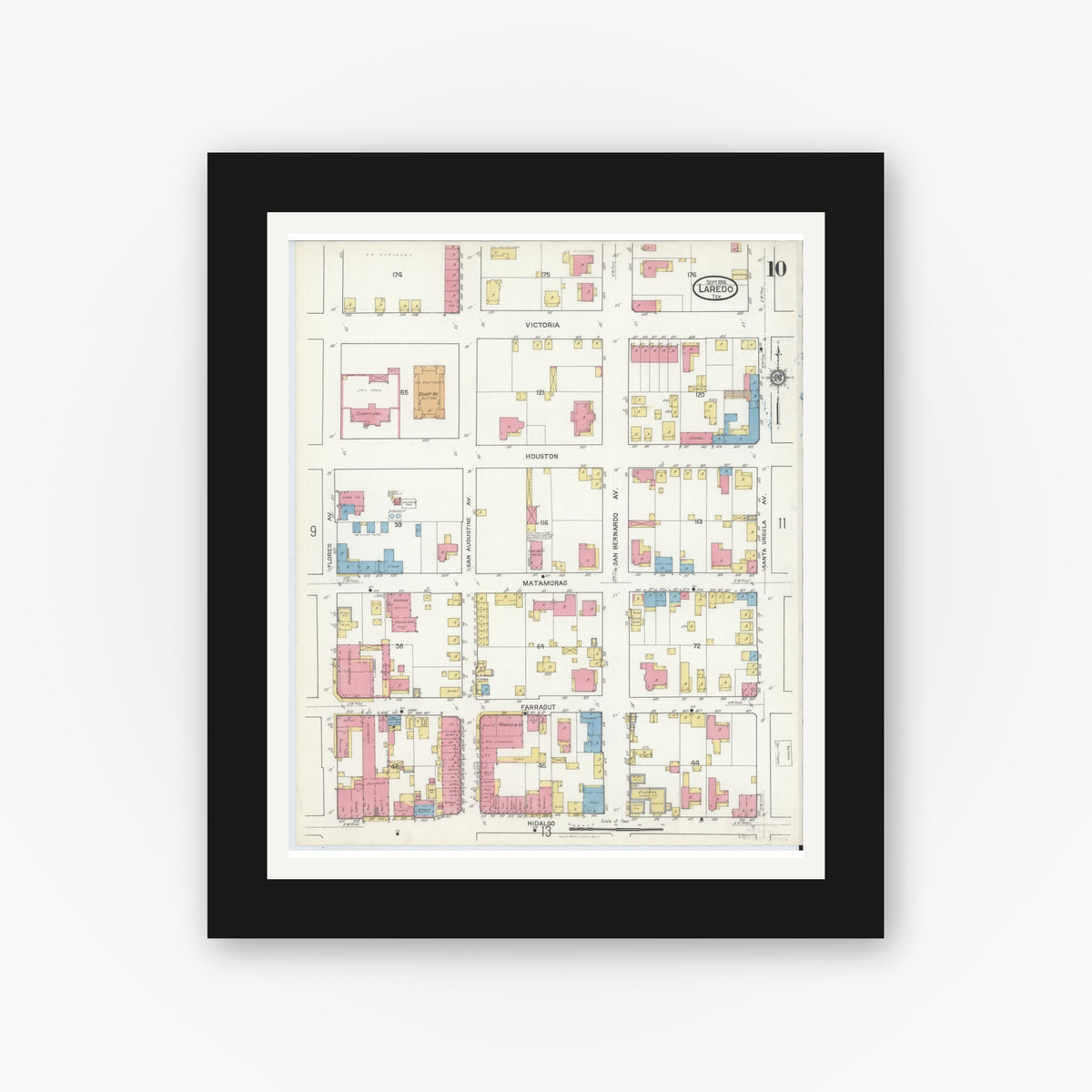 Old map wall art mockup — black gallery frame with white mat — Sanborn Fire Insurance Map from Laredo, Webb County, Texas (1916), Sheet #0010