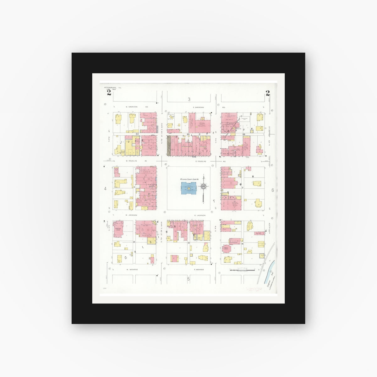 Old map wall art mockup β black gallery frame with white mat β Sanborn Fire Insurance Map from Petersburg, Menard County, Illinois (1933), Sheet #0002