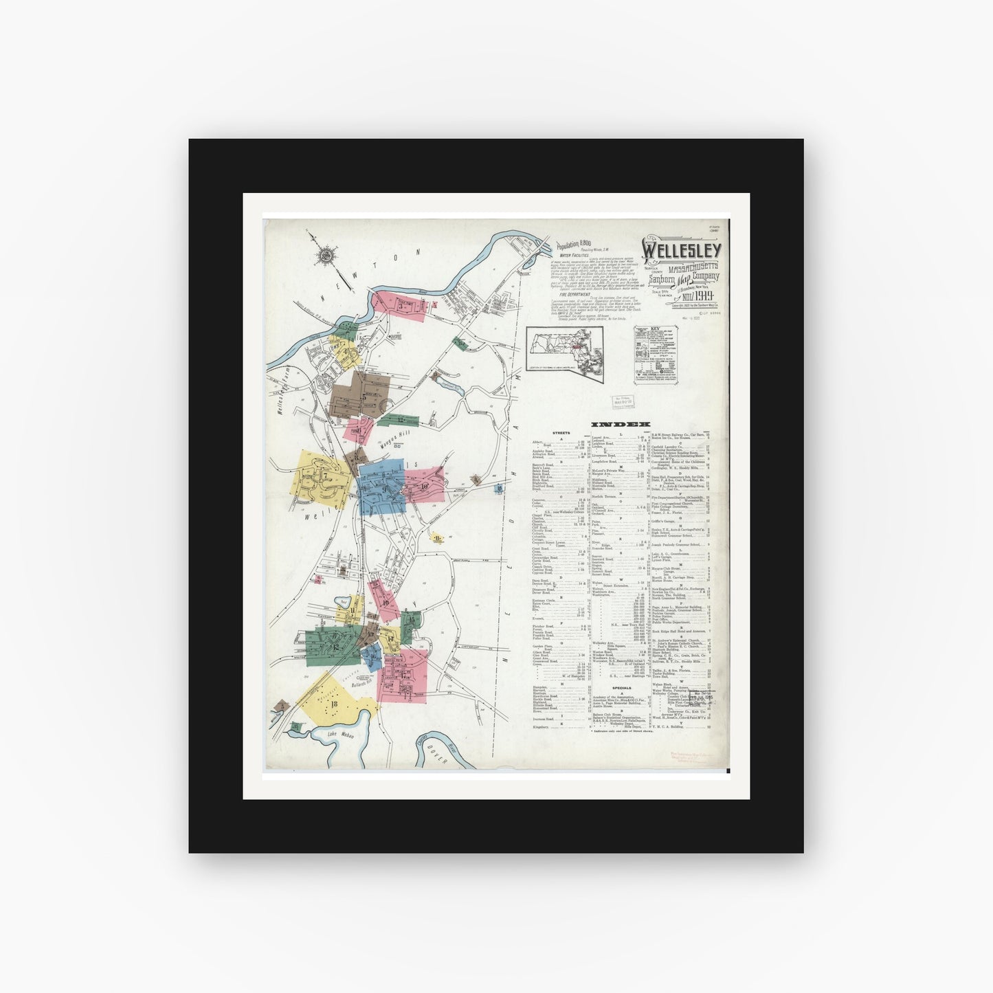 Old map wall art mockup — black gallery frame with white mat — Sanborn Fire Insurance Map from Wellesley, Norfolk County, Massachusetts (1919) - Complete Map Set