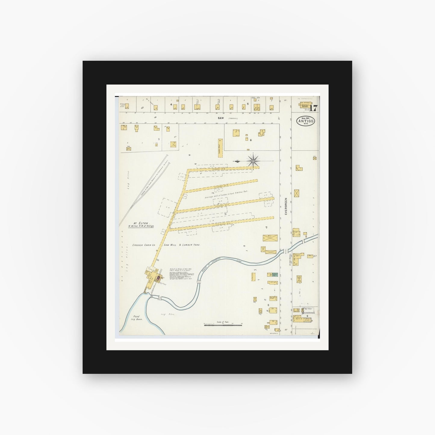 Old map wall art mockup — black gallery frame with white mat — Sanborn Fire Insurance Map from Antigo, Langlade County, Wisconsin (1904), Sheet #0017