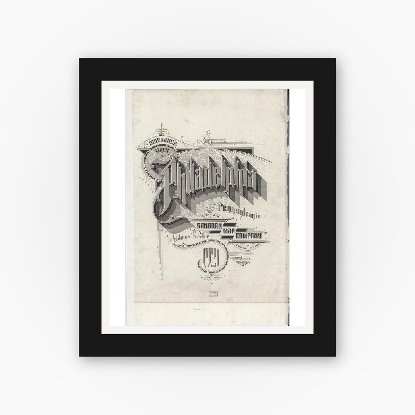 Old map wall art mockup — black gallery frame with white mat — Sanborn Fire Insurance Map from Philadelphia, Philadelphia County, Pennsylvania (1920), Sheet #0001