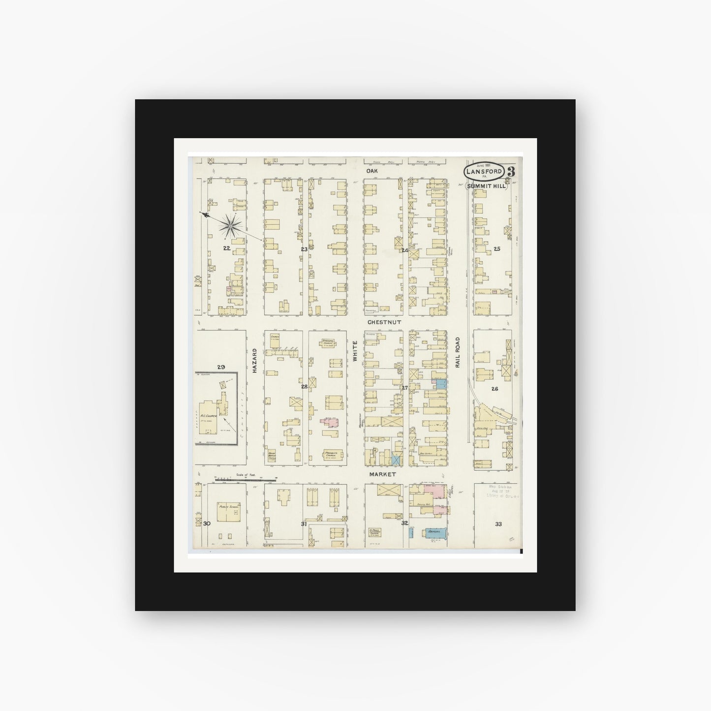 Old map wall art mockup — black gallery frame with white mat — Sanborn Fire Insurance Map from Lansford, Carbon County, Pennsylvania (1891), Sheet #0003