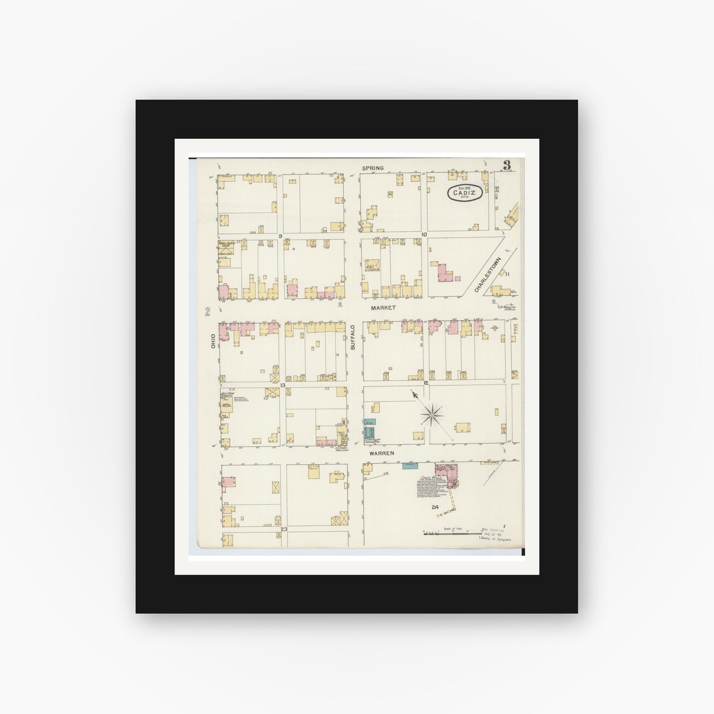 Old map wall art mockup — black gallery frame with white mat — Sanborn Fire Insurance Map from Cadiz, Harrison County, Ohio (1892), Sheet #0003