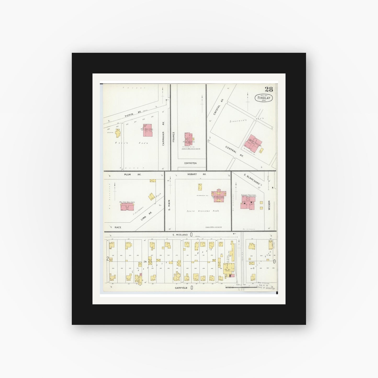Old map wall art mockup — black gallery frame with white mat — Sanborn Fire Insurance Map from Findlay, Hancock County, Ohio (1901), Sheet #0028