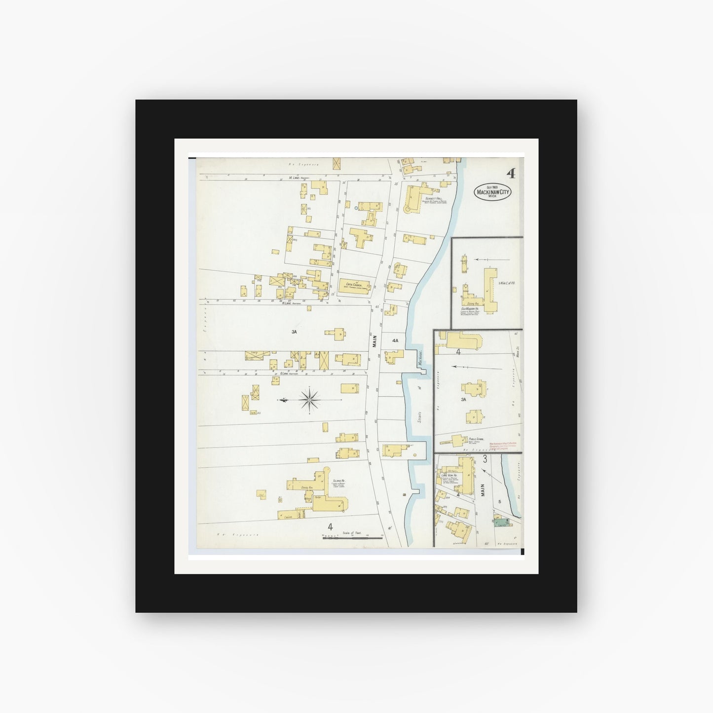 Old map wall art mockup — black gallery frame with white mat — Sanborn Fire Insurance Map from Mackinaw City, Cheboygan County, Michigan (1900), Sheet #0004
