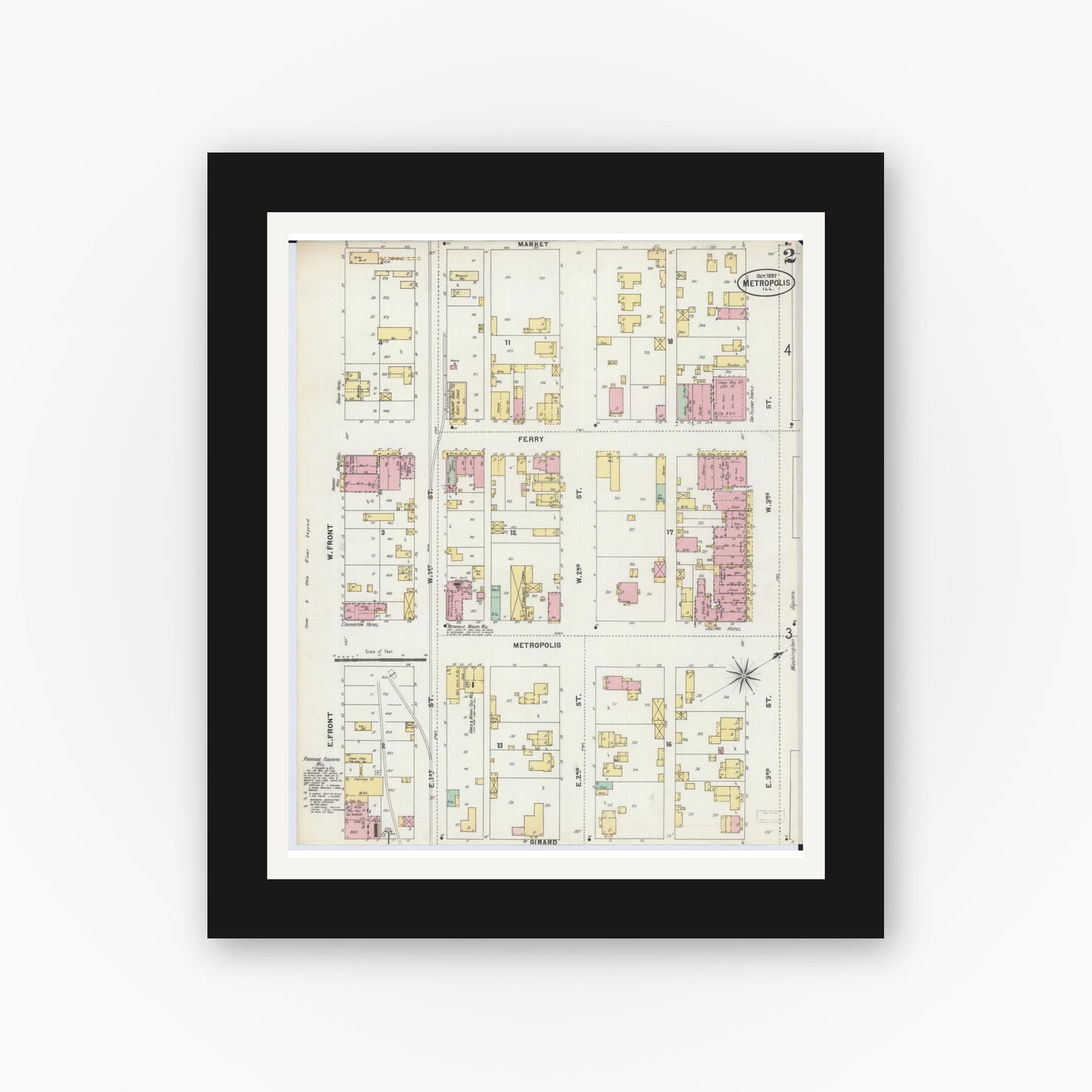 Old map wall art mockup — black gallery frame with white mat — Sanborn Fire Insurance Map from Metropolis, Massac County, Illinois (1897), Sheet #0002
