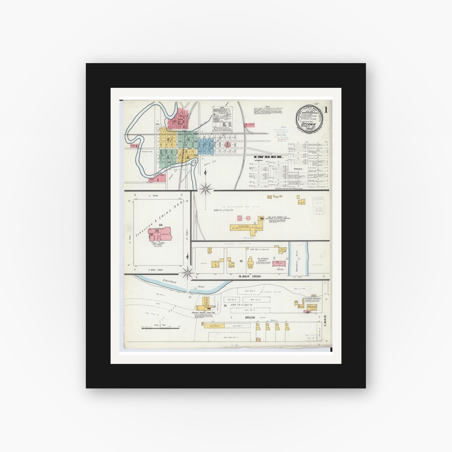 Old map wall art mockup — black gallery frame with white mat — Sanborn Fire Insurance Map from Ottawa, Putnam County, Ohio (1900), Sheet #0001