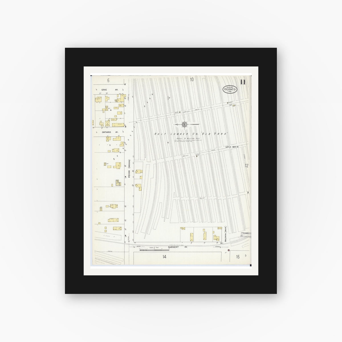 Old map wall art mockup — black gallery frame with white mat — Sanborn Fire Insurance Map from Oconto, Oconto County, Wisconsin (1911), Sheet #0011