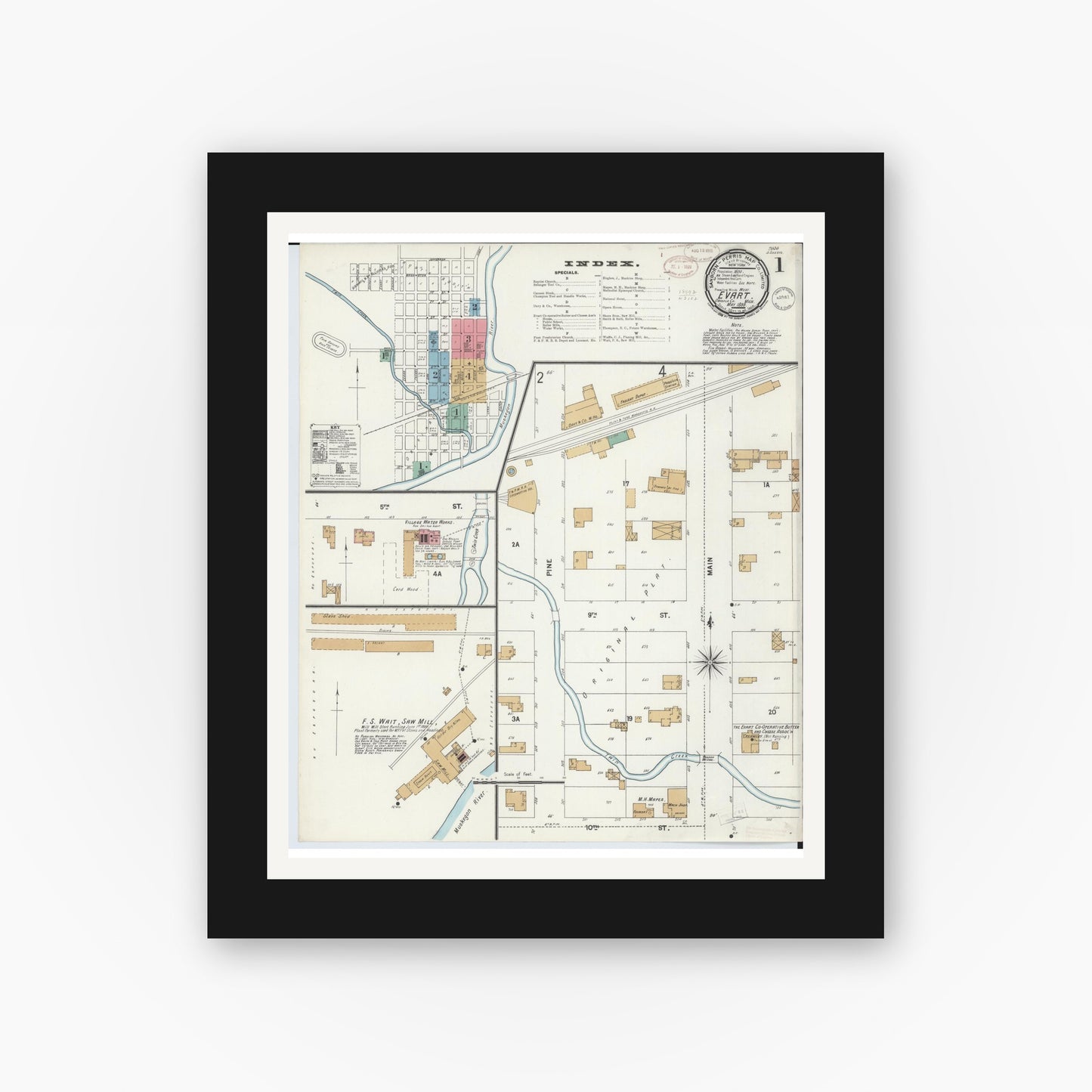 Old map wall art mockup — black gallery frame with white mat — Sanborn Fire Insurance Map from Evart, Osceola County, Michigan (1899) - Complete Map Set
