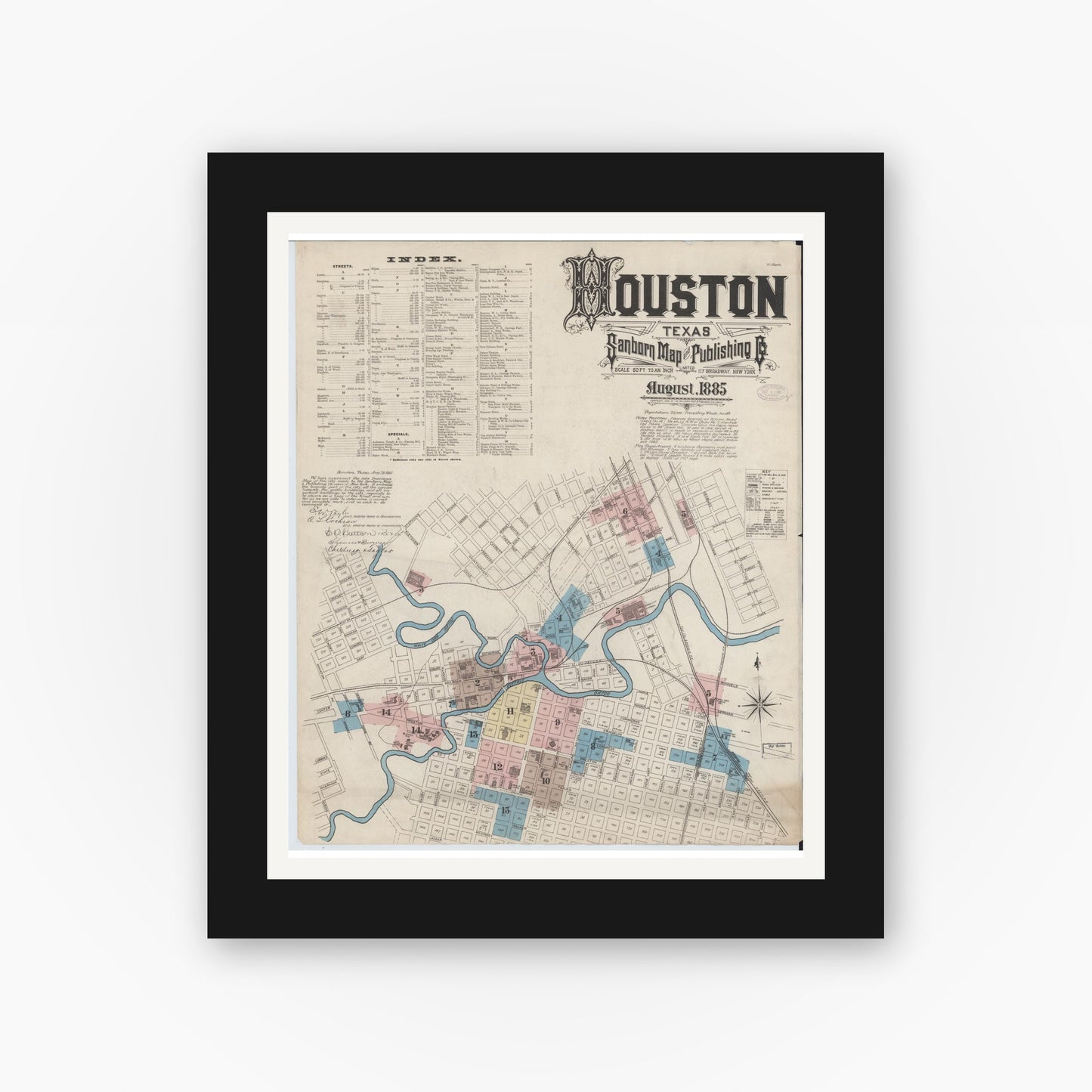 Old map wall art mockup — black gallery frame with white mat — Sanborn Fire Insurance Map from Houston, Harris County, Texas (1885) - Complete Map Set