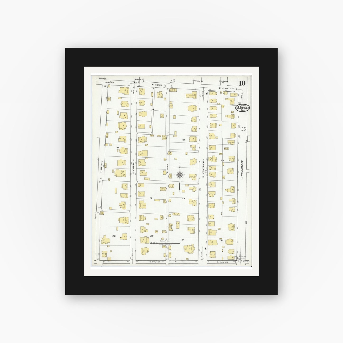 Old map wall art mockup — black gallery frame with white mat — Sanborn Fire Insurance Map from McKinney, Collin County, Texas (1920), Sheet #0010